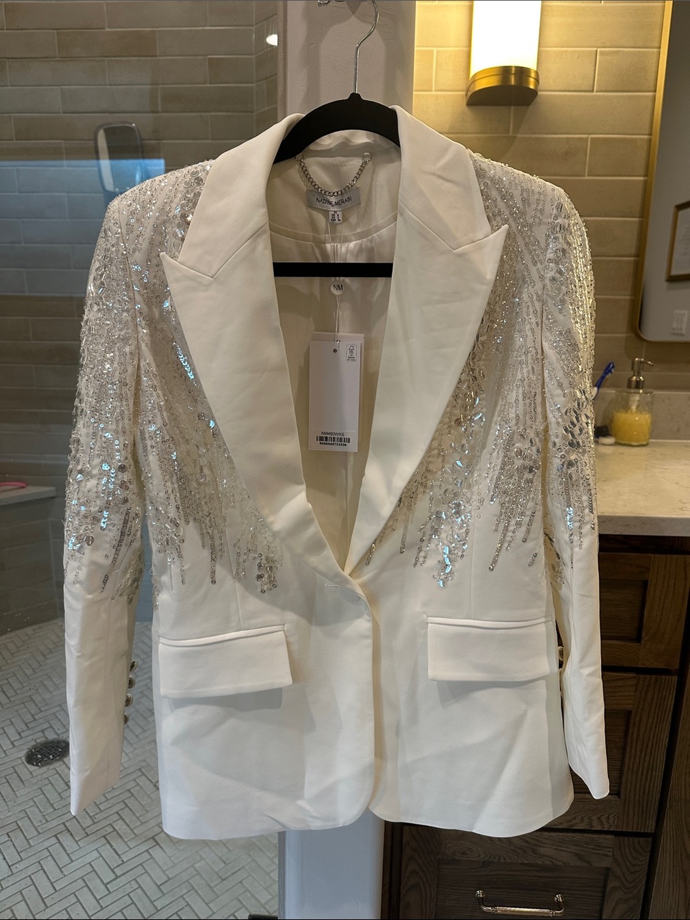 NADINE MERABI White Embellished Sequin Blazer